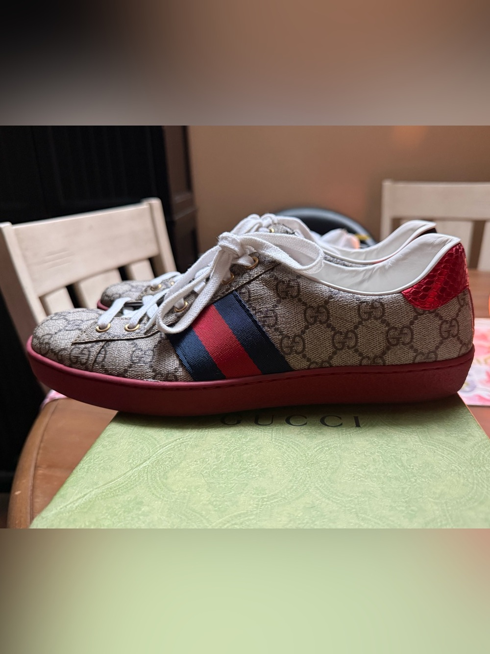 Gucci ACE Men’s GG Canvas Sneaker with web in Beige with Red & Blue Stripe